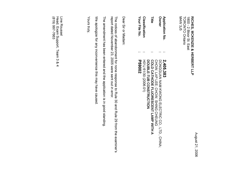 Canadian Patent Document 2405383. Correspondence 20060821. Image 1 of 1