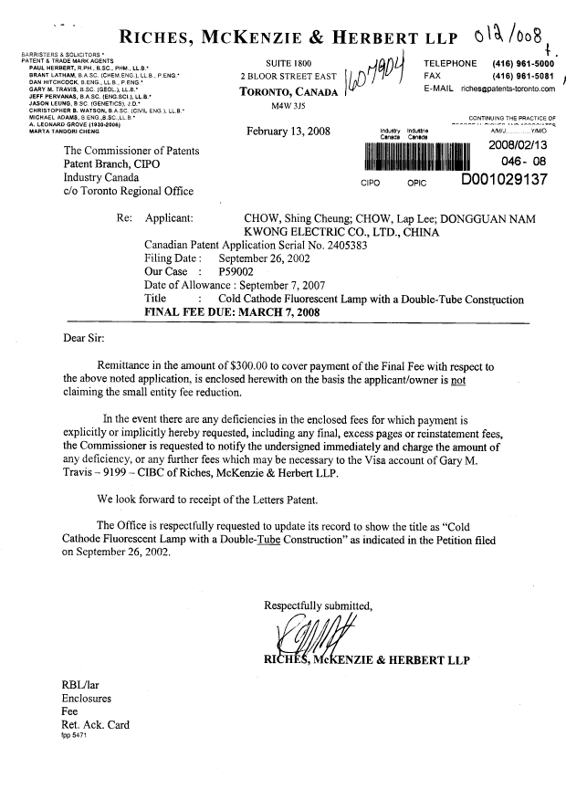 Document de brevet canadien 2405383. Correspondance 20080213. Image 1 de 1