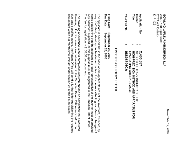Canadian Patent Document 2405387. Correspondence 20021108. Image 1 of 1
