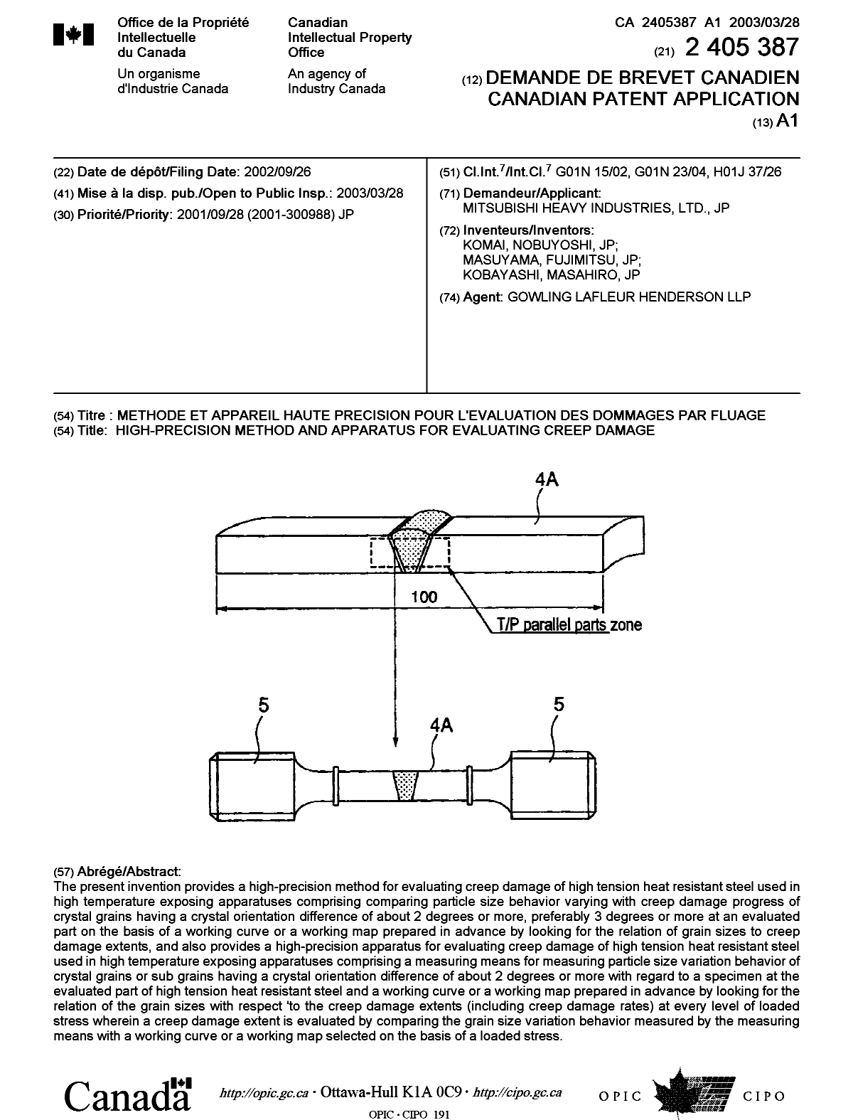Canadian Patent Document 2405387. Cover Page 20030307. Image 1 of 1