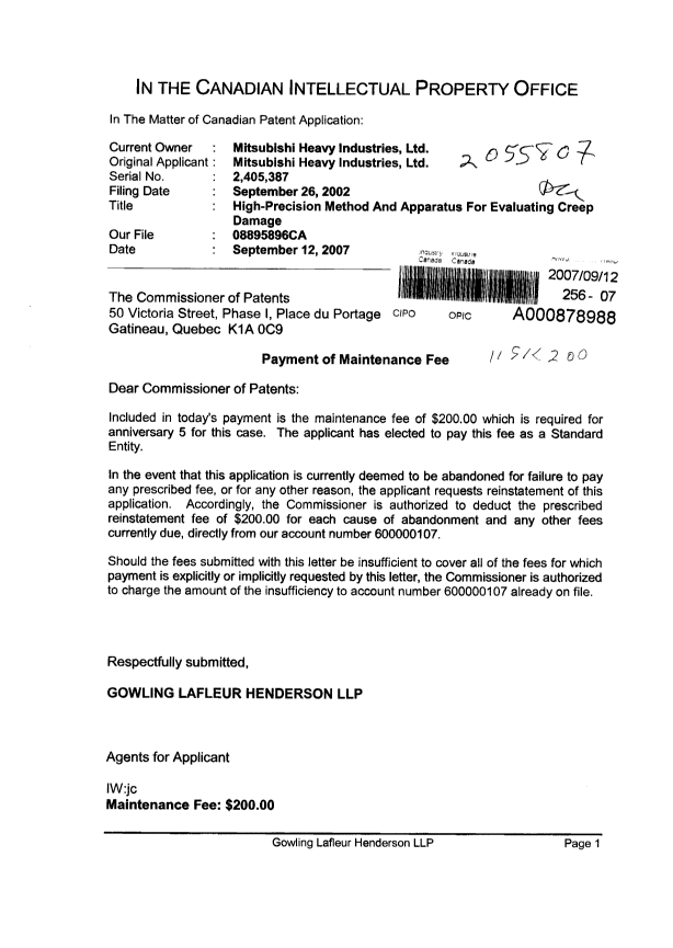 Document de brevet canadien 2405387. Taxes 20070912. Image 1 de 1