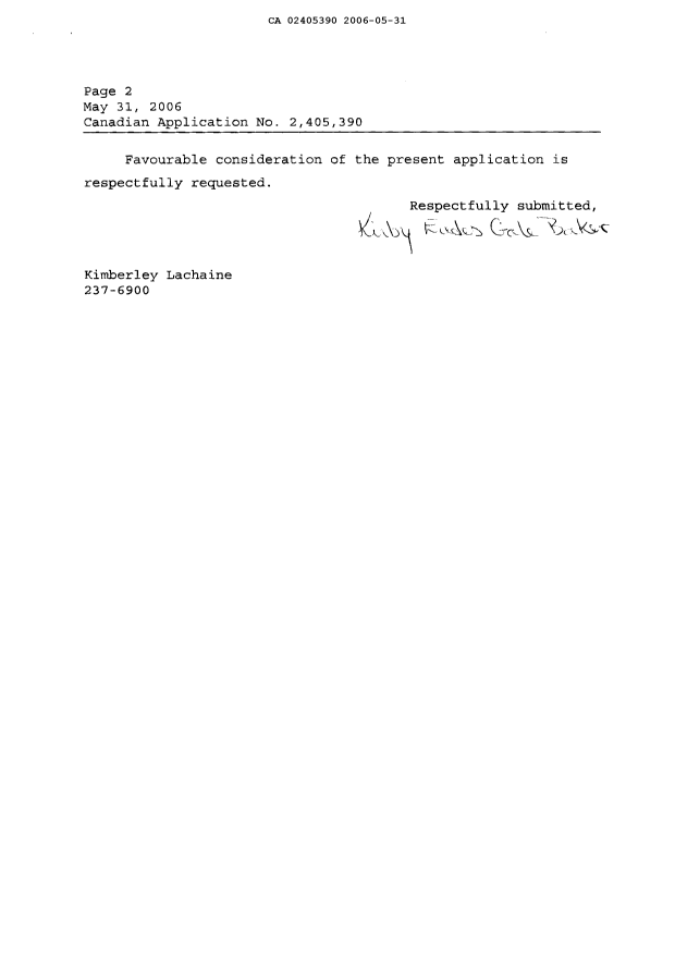 Document de brevet canadien 2405390. Poursuite-Amendment 20060531. Image 2 de 2