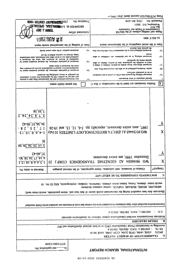 Canadian Patent Document 2405525. PCT 20021008. Image 1 of 2