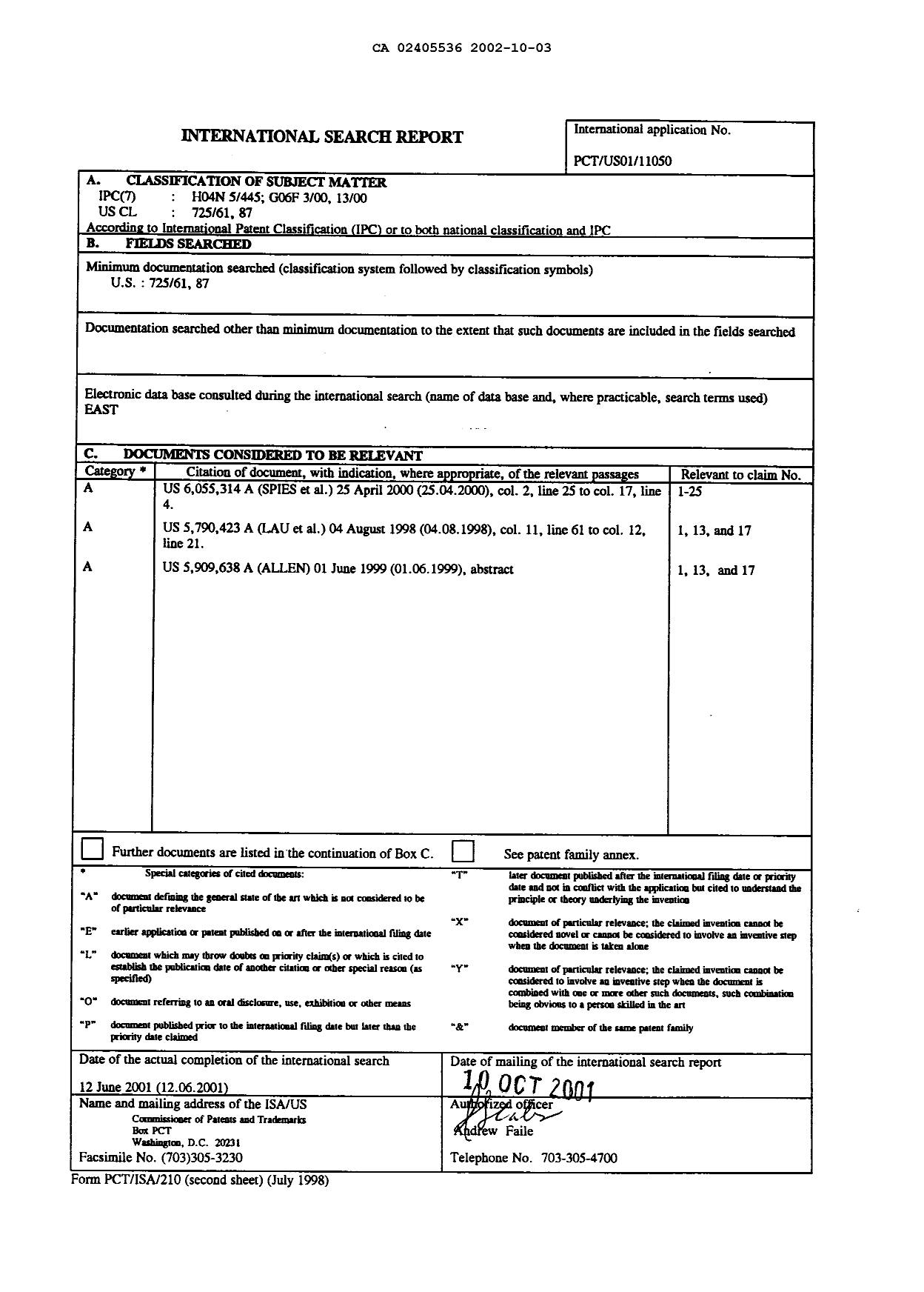 Document de brevet canadien 2405536. PCT 20011203. Image 8 de 8