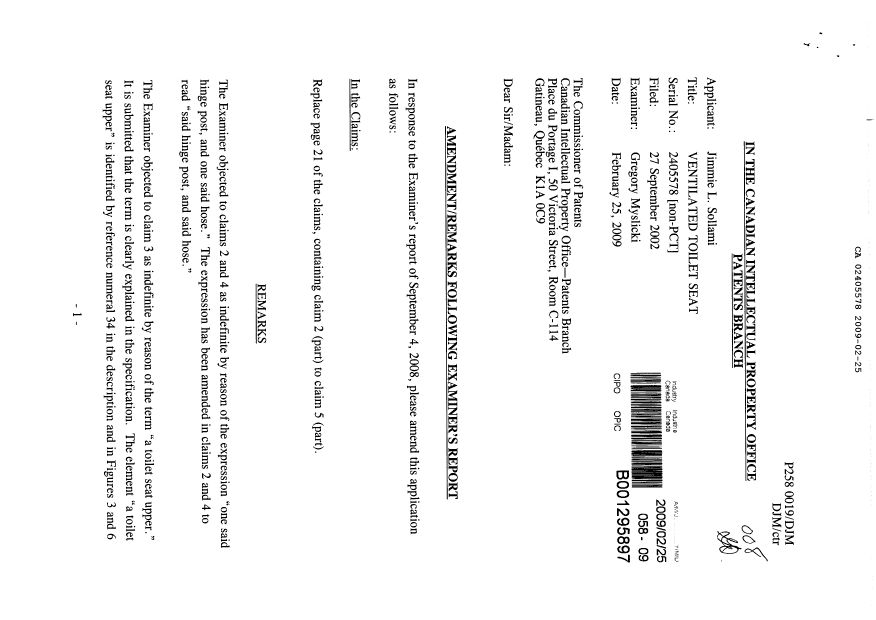 Document de brevet canadien 2405578. Poursuite-Amendment 20090225. Image 1 de 3