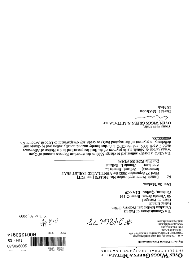Canadian Patent Document 2405578. Correspondence 20090630. Image 1 of 1