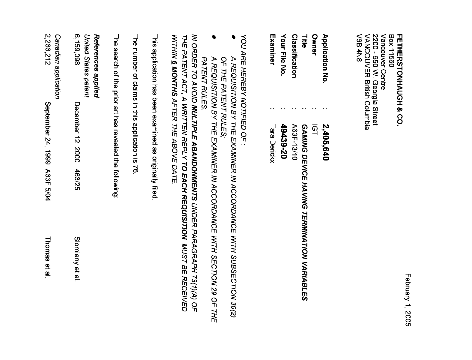 Canadian Patent Document 2405640. Prosecution-Amendment 20050201. Image 1 of 3