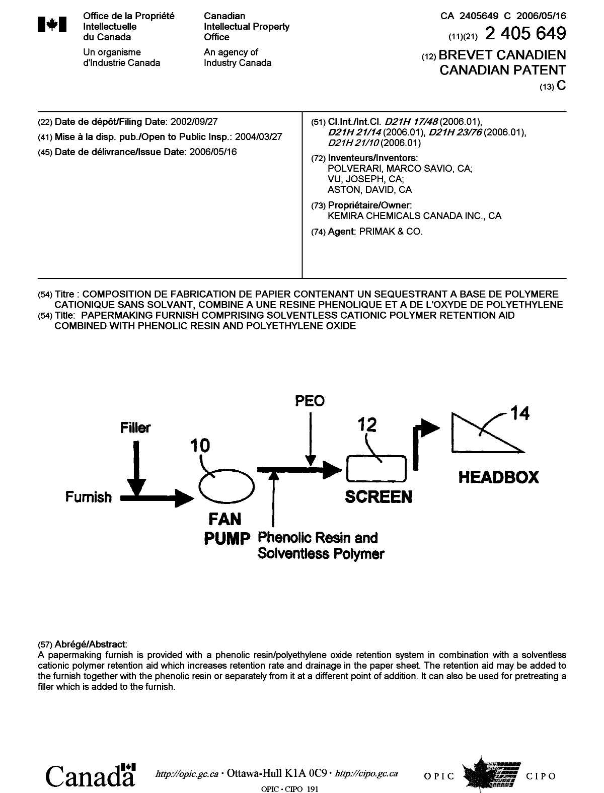 Document de brevet canadien 2405649. Page couverture 20060421. Image 1 de 1