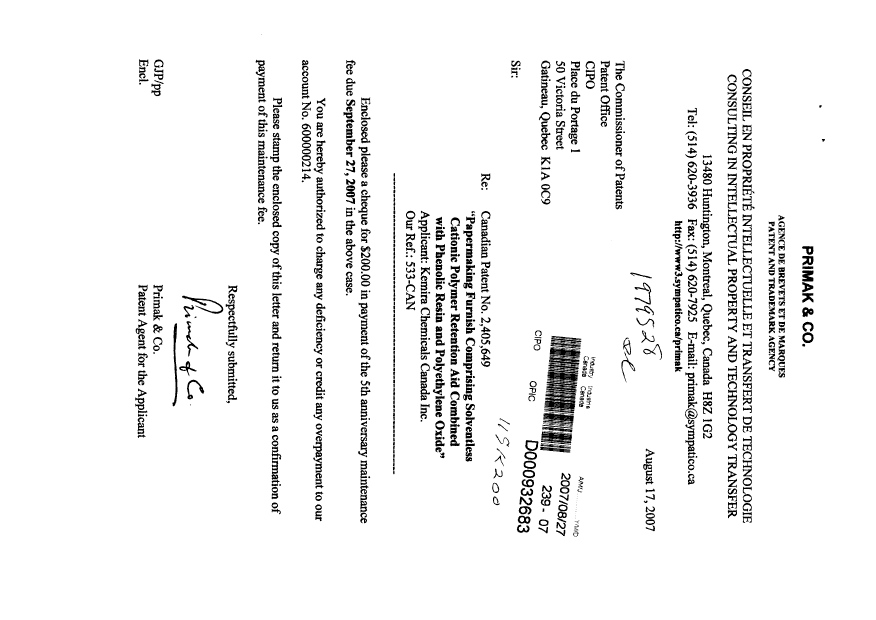 Document de brevet canadien 2405649. Taxes 20070827. Image 1 de 1