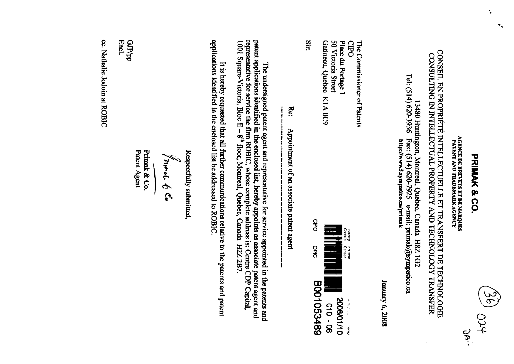 Canadian Patent Document 2405649. Correspondence 20080110. Image 1 of 2