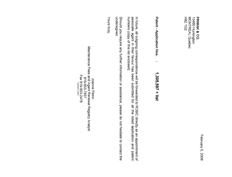Document de brevet canadien 2405649. Correspondance 20080205. Image 1 de 1
