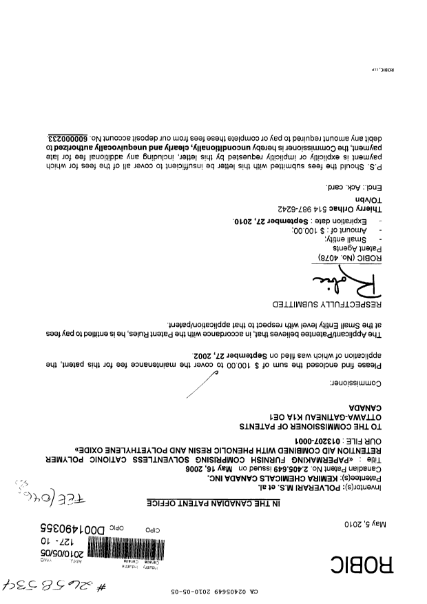 Canadian Patent Document 2405649. Correspondence 20100505. Image 1 of 1