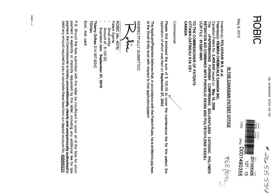 Document de brevet canadien 2405649. Correspondance 20100505. Image 1 de 1