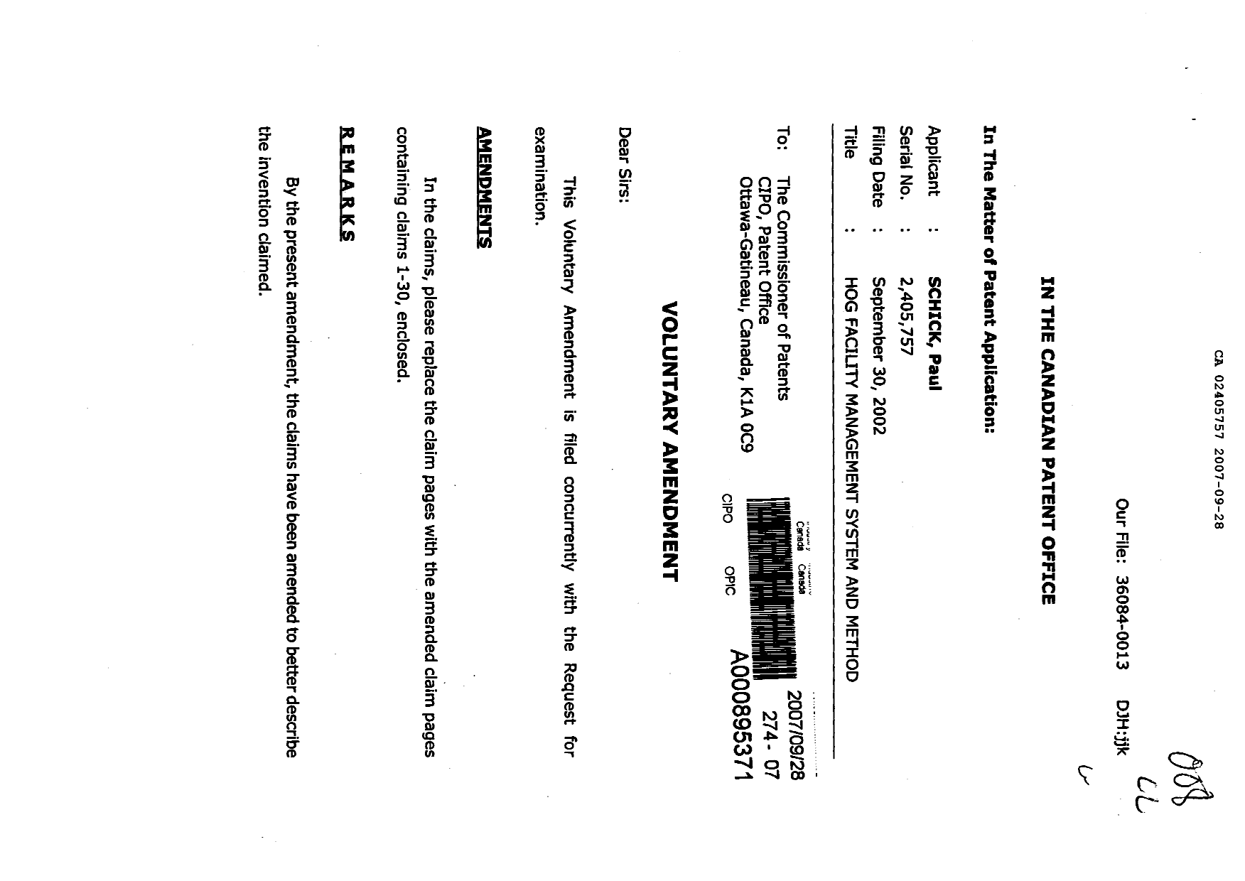 Canadian Patent Document 2405757. Prosecution-Amendment 20070928. Image 1 of 10
