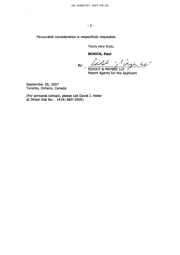 Canadian Patent Document 2405757. Prosecution-Amendment 20070928. Image 2 of 10