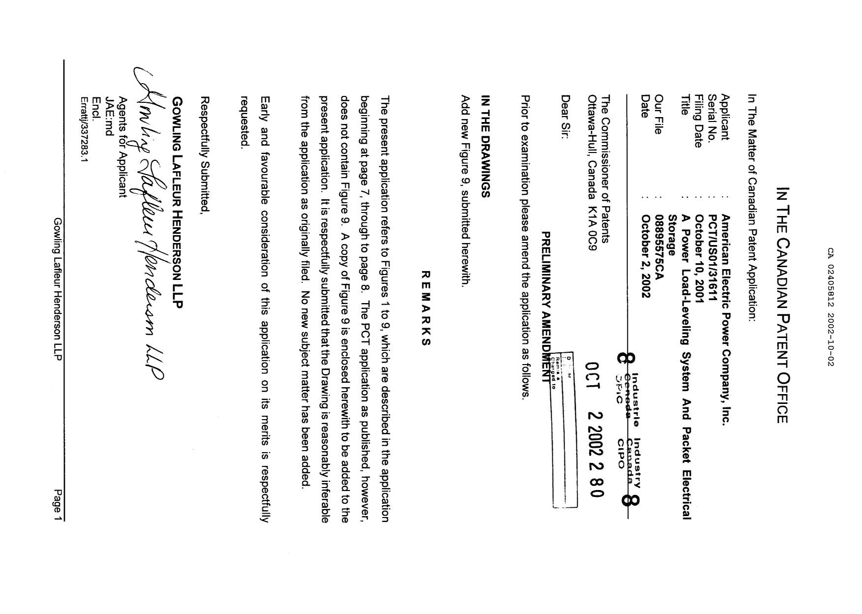 Canadian Patent Document 2405812. Prosecution-Amendment 20011202. Image 1 of 2