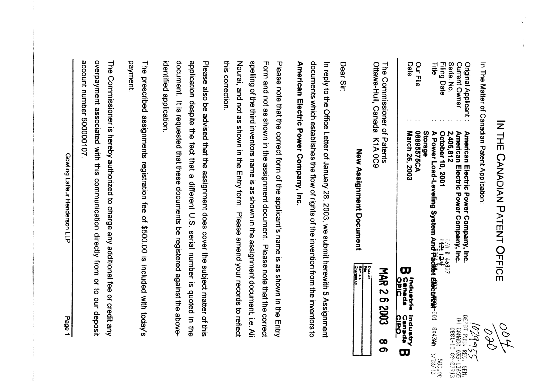 Document de brevet canadien 2405812. Correspondance 20021226. Image 1 de 2
