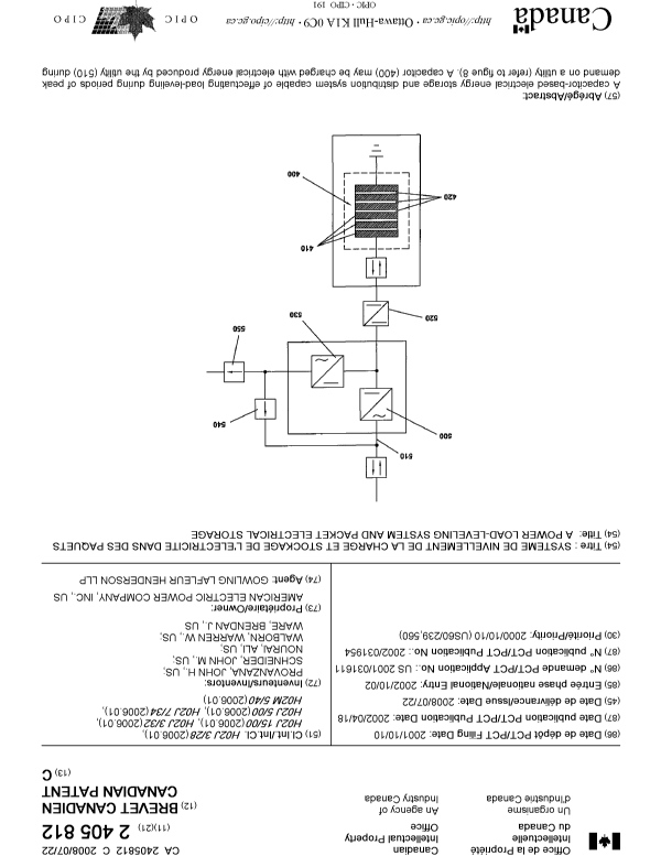 Document de brevet canadien 2405812. Page couverture 20071208. Image 1 de 2