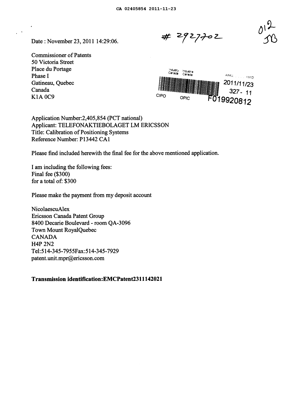Document de brevet canadien 2405854. Correspondance 20111123. Image 1 de 1