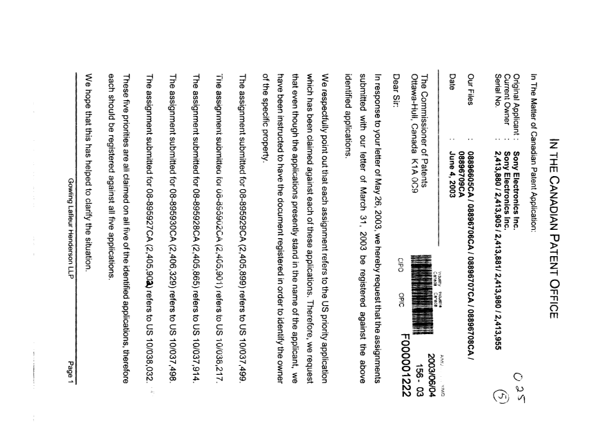 Document de brevet canadien 2405899. Cession 20030604. Image 1 de 2
