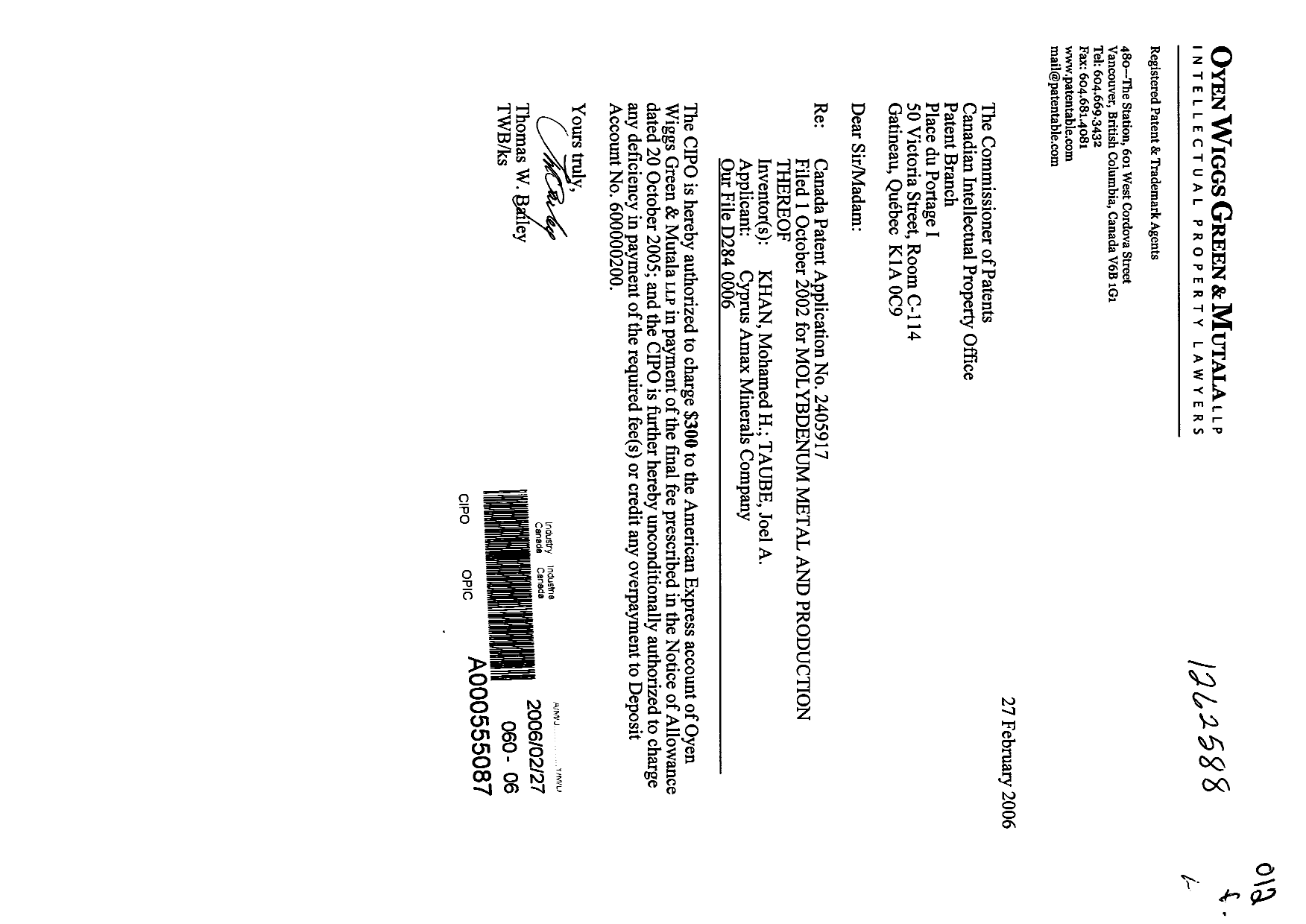 Document de brevet canadien 2405917. Correspondance 20060227. Image 1 de 1