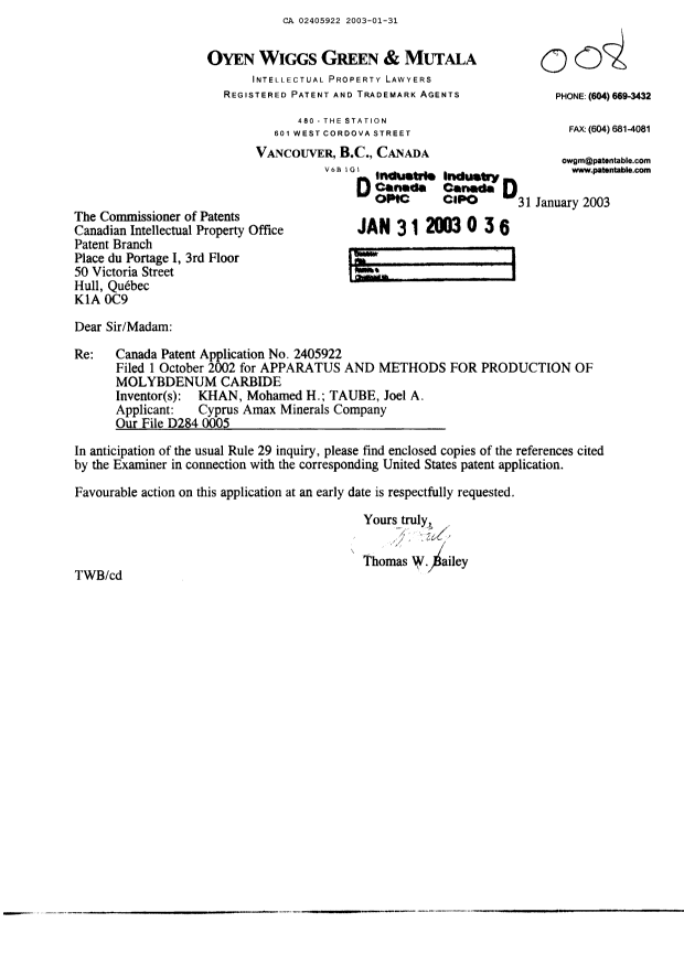 Canadian Patent Document 2405922. Prosecution-Amendment 20030131. Image 1 of 1