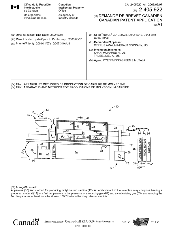 Canadian Patent Document 2405922. Cover Page 20030411. Image 1 of 1