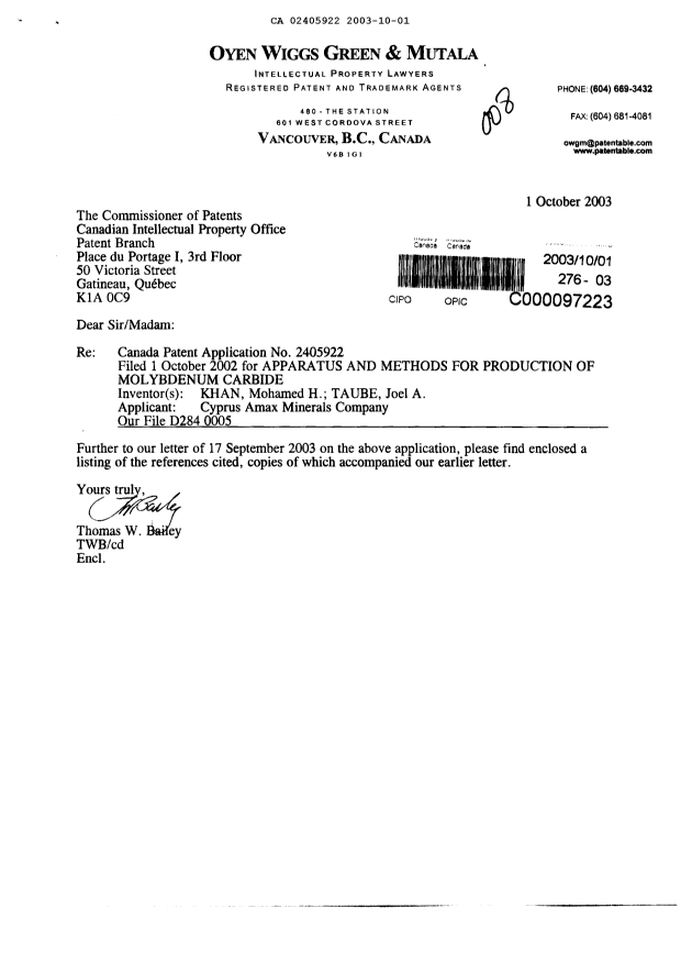 Document de brevet canadien 2405922. Poursuite-Amendment 20031001. Image 1 de 2