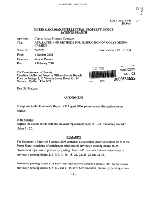 Document de brevet canadien 2405922. Poursuite-Amendment 20070205. Image 1 de 9