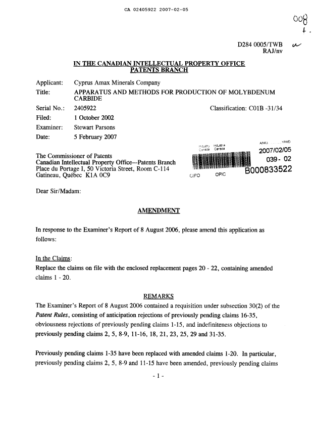 Canadian Patent Document 2405922. Prosecution-Amendment 20070205. Image 1 of 9