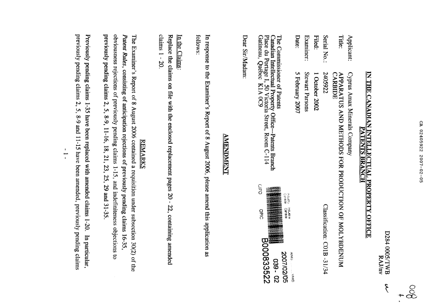Document de brevet canadien 2405922. Poursuite-Amendment 20070205. Image 1 de 9
