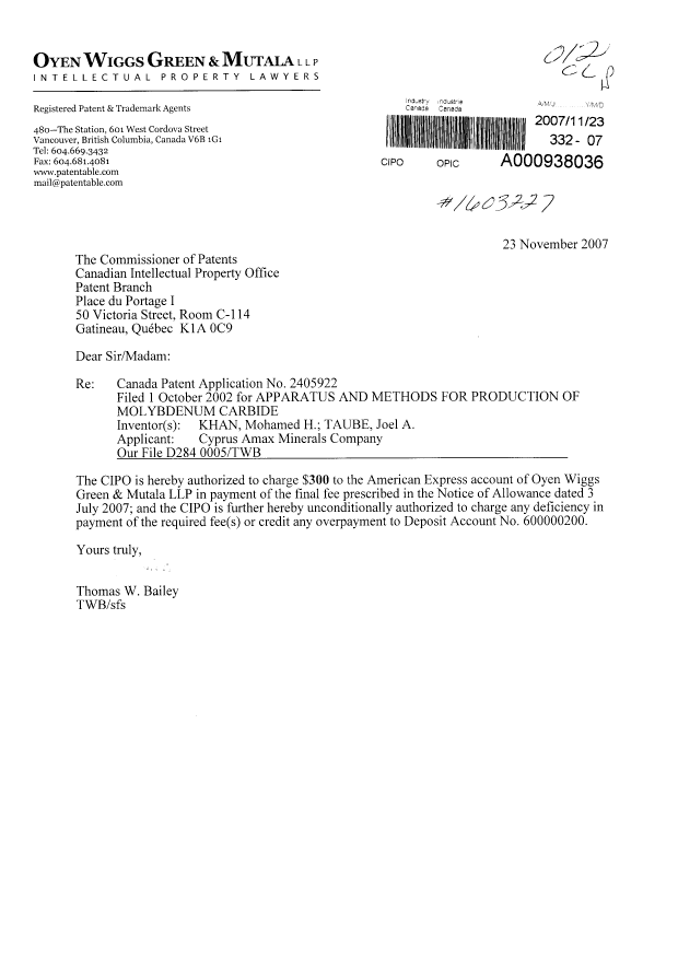 Canadian Patent Document 2405922. Correspondence 20071123. Image 1 of 1