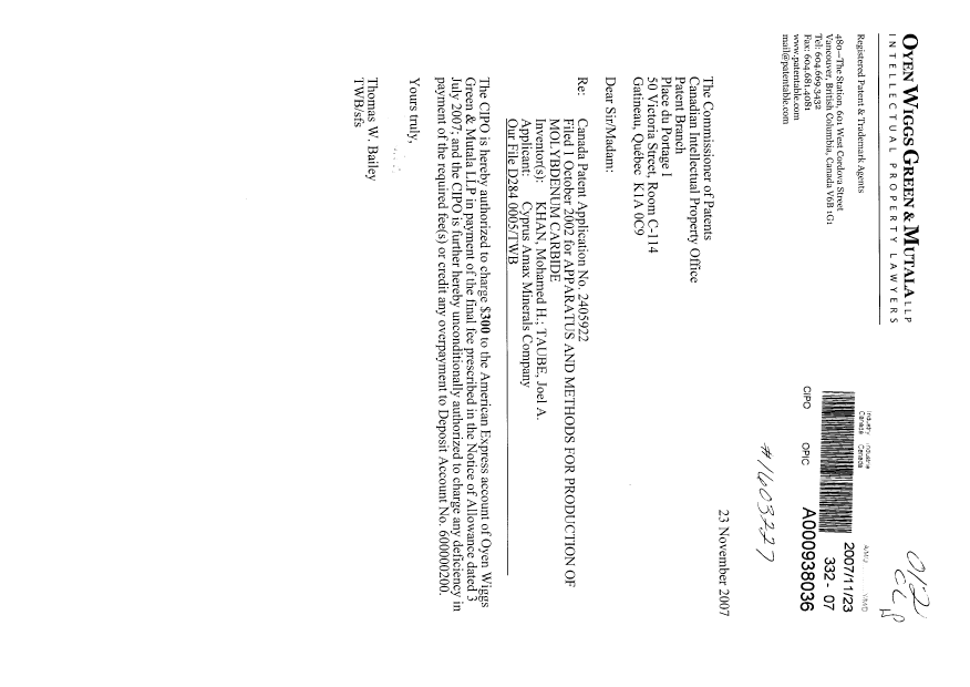 Document de brevet canadien 2405922. Correspondance 20071123. Image 1 de 1