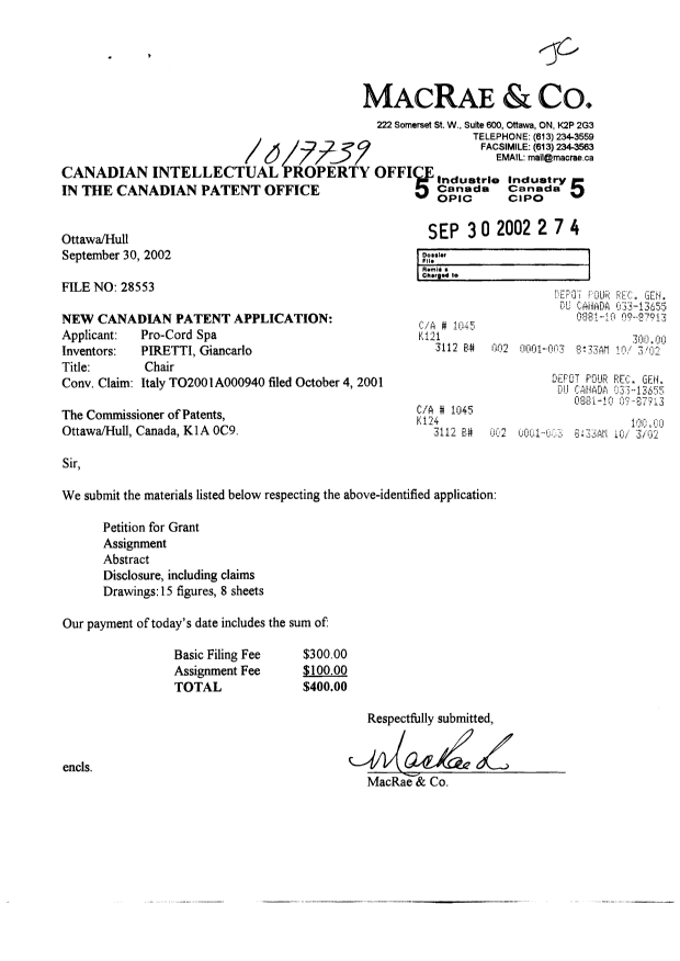 Canadian Patent Document 2405931. Assignment 20020930. Image 1 of 3