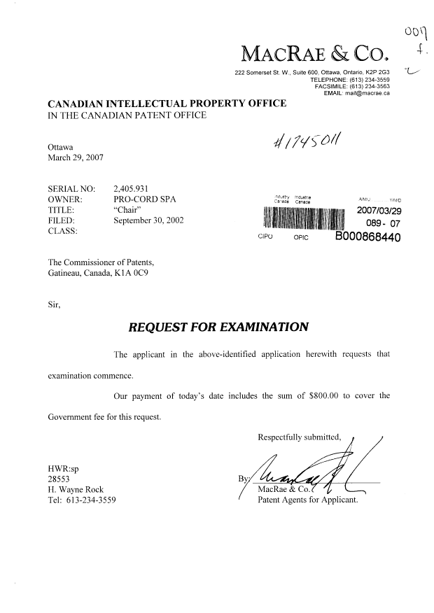 Canadian Patent Document 2405931. Prosecution-Amendment 20070329. Image 1 of 1