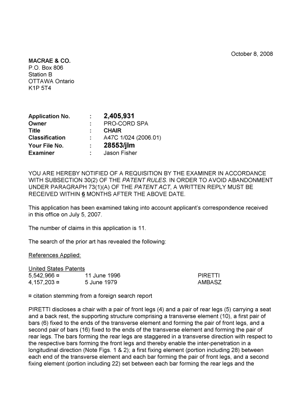 Document de brevet canadien 2405931. Poursuite-Amendment 20081008. Image 1 de 2
