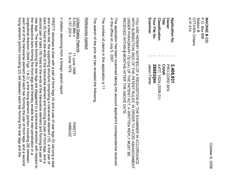 Canadian Patent Document 2405931. Prosecution-Amendment 20081008. Image 1 of 2