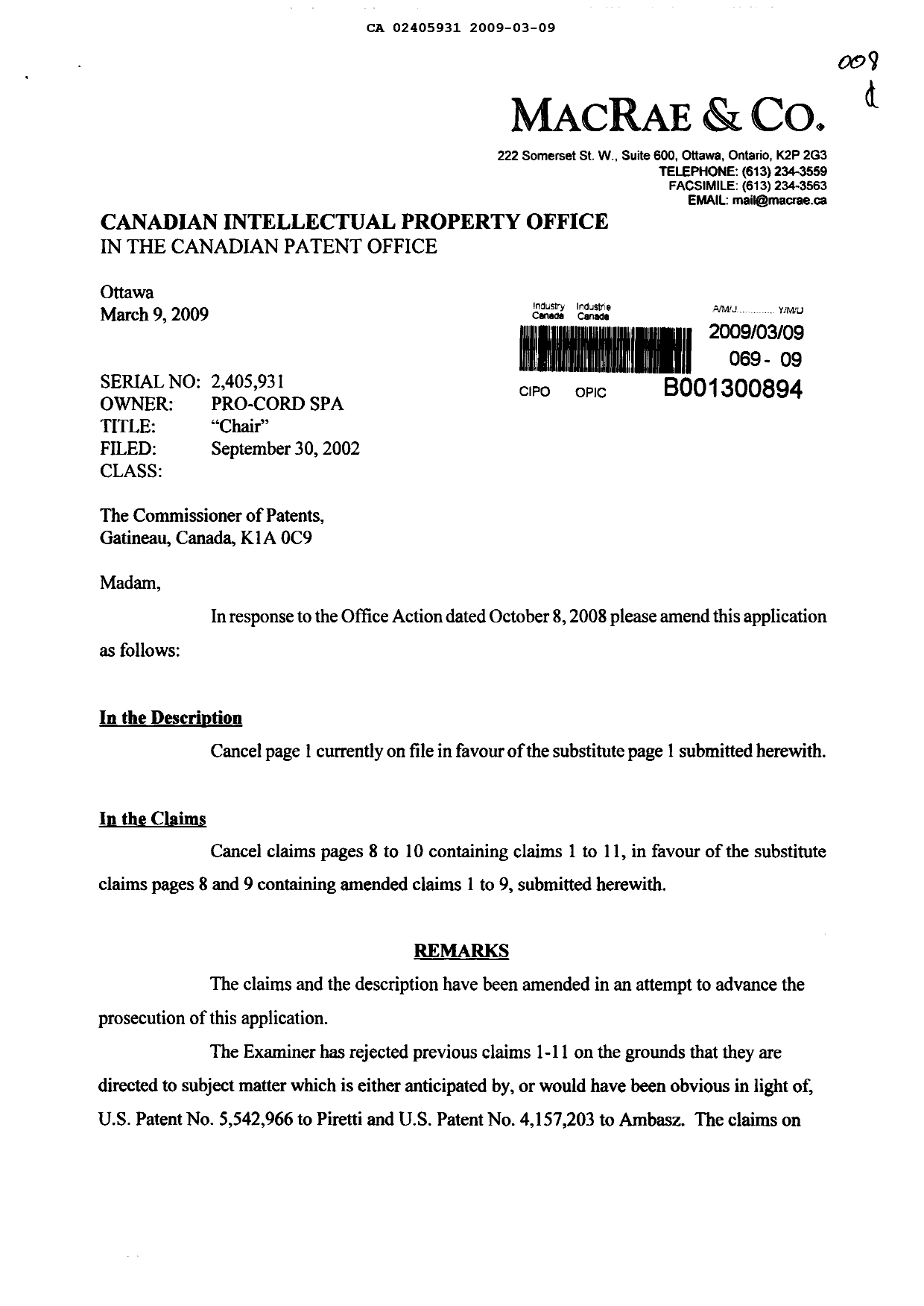 Canadian Patent Document 2405931. Prosecution-Amendment 20090309. Image 1 of 6