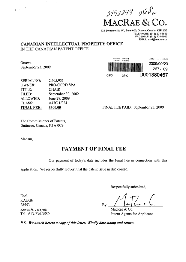 Canadian Patent Document 2405931. Correspondence 20090923. Image 1 of 1