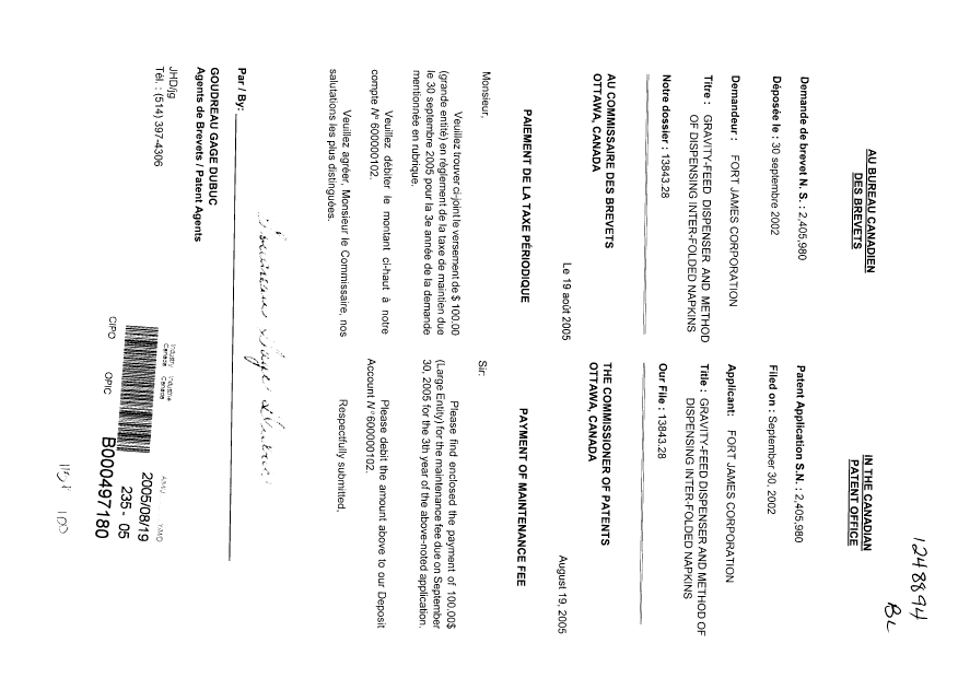 Document de brevet canadien 2405980. Taxes 20050819. Image 1 de 1