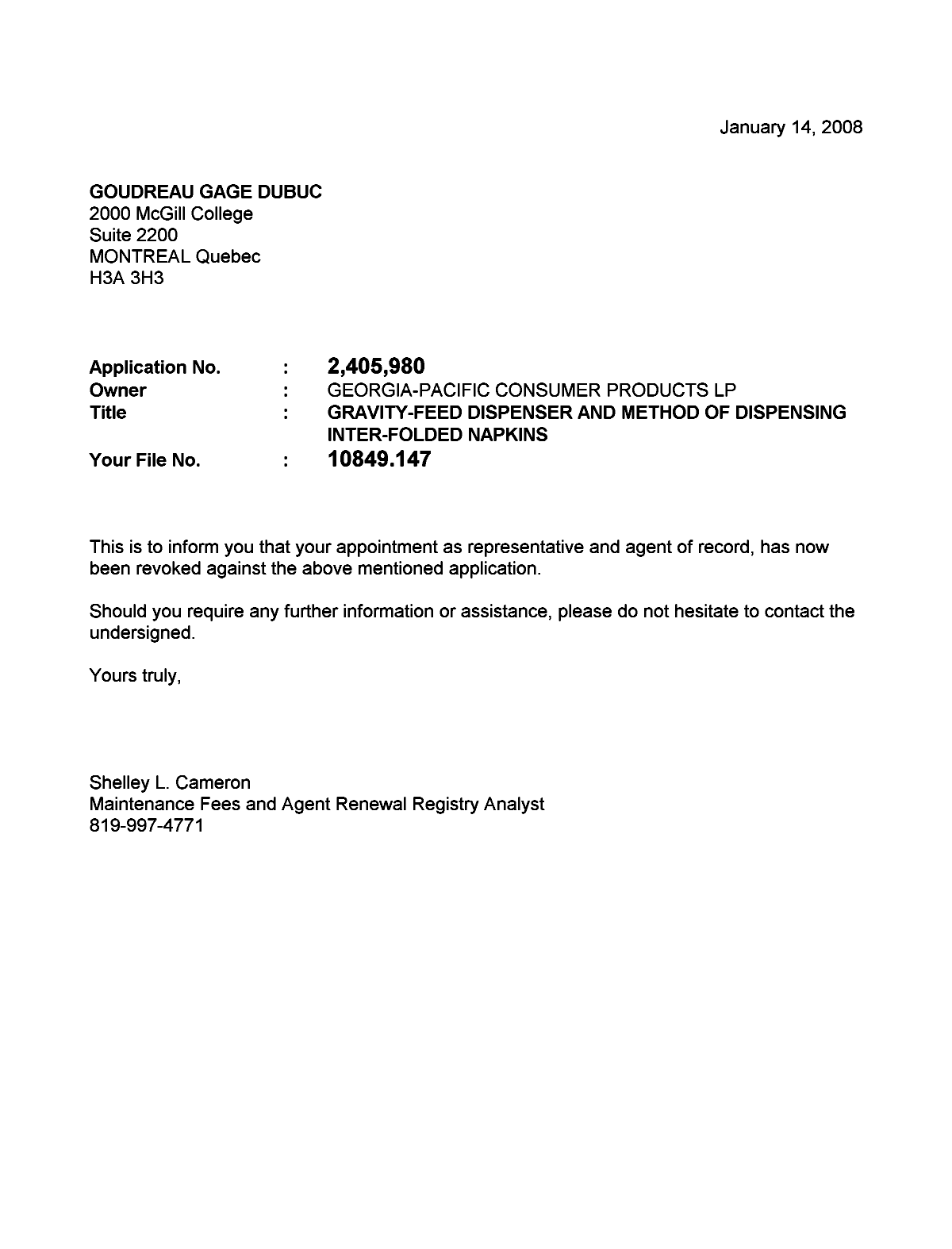 Document de brevet canadien 2405980. Correspondance 20080114. Image 1 de 1