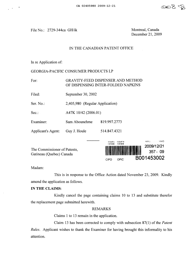 Document de brevet canadien 2405980. Poursuite-Amendment 20091221. Image 1 de 3