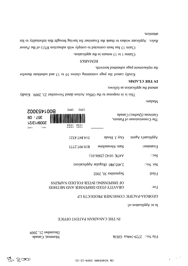Canadian Patent Document 2405980. Prosecution-Amendment 20091221. Image 1 of 3