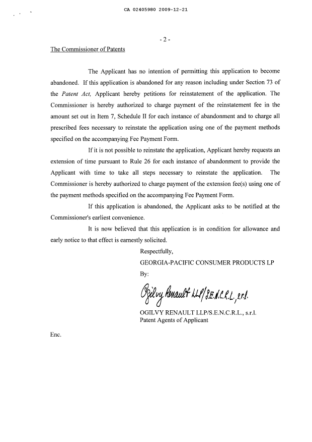 Document de brevet canadien 2405980. Poursuite-Amendment 20091221. Image 2 de 3