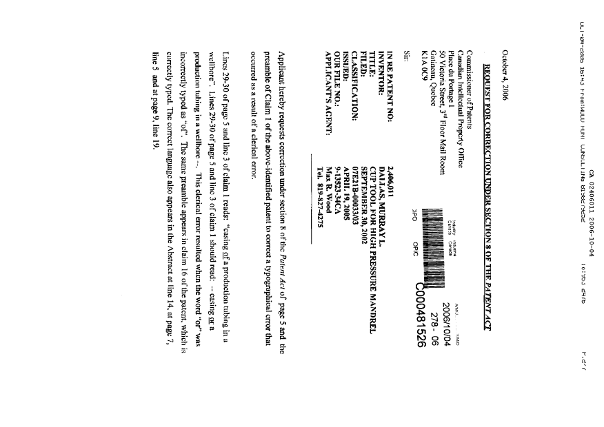 Canadian Patent Document 2406011. Correspondence 20061004. Image 2 of 7