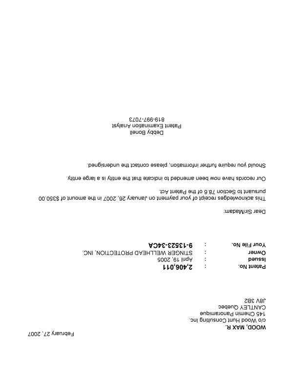 Canadian Patent Document 2406011. Correspondence 20070227. Image 1 of 1