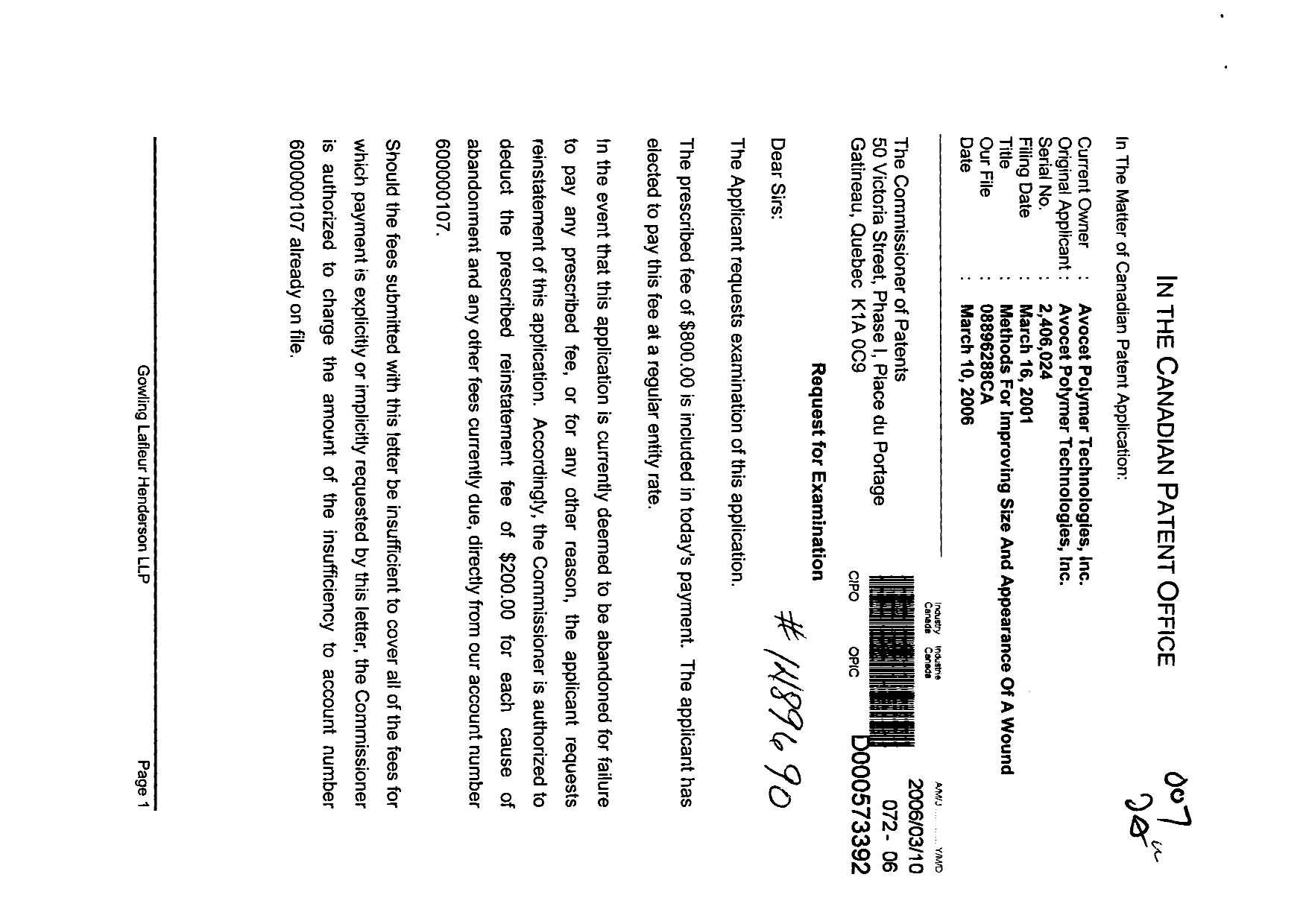 Canadian Patent Document 2406024. Prosecution-Amendment 20051210. Image 1 of 2