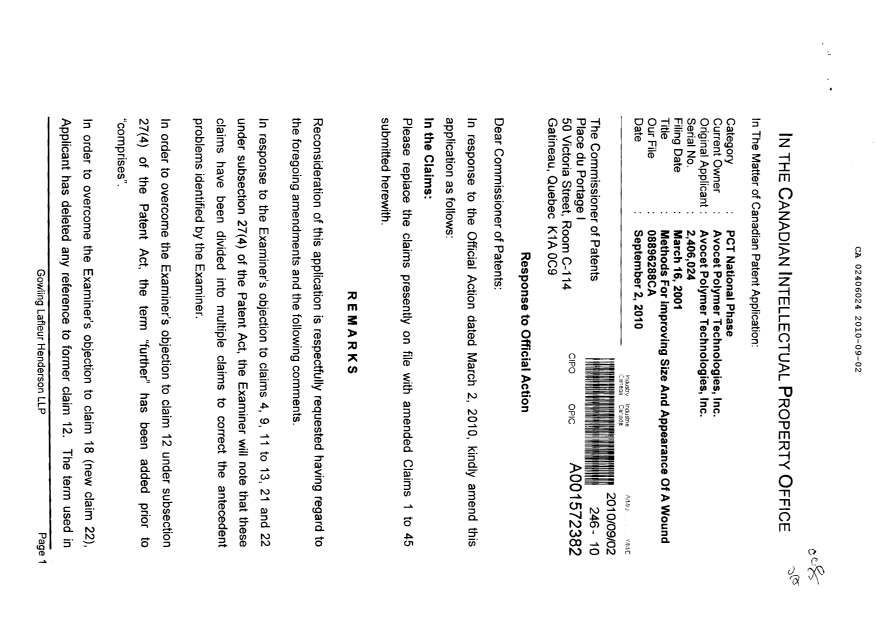 Canadian Patent Document 2406024. Prosecution-Amendment 20091202. Image 1 of 8
