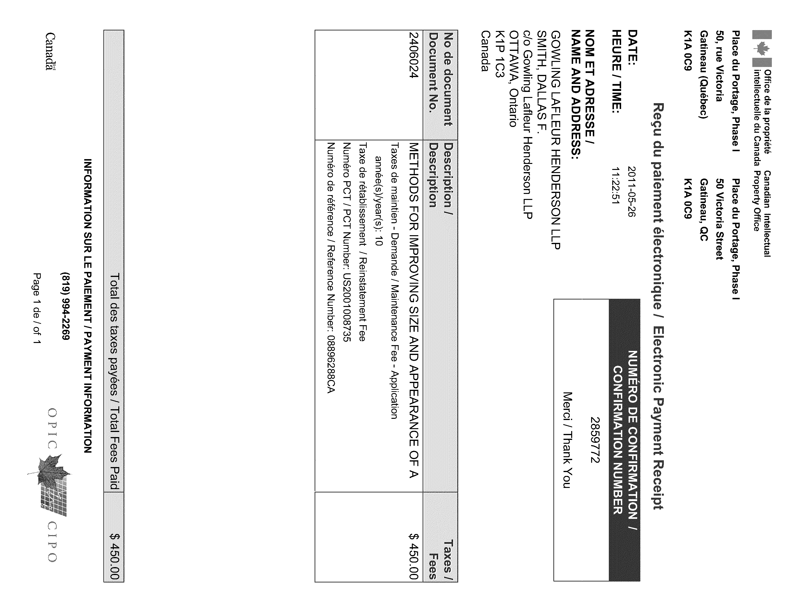 Canadian Patent Document 2406024. Fees 20101226. Image 1 of 1