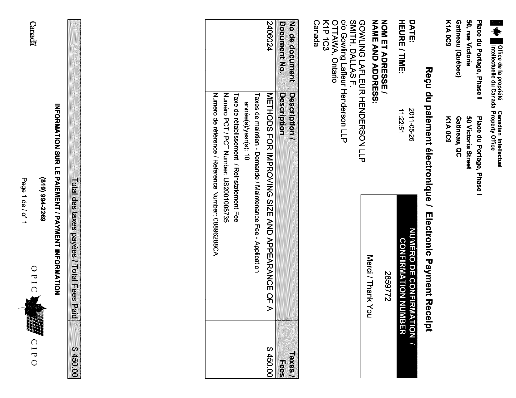 Document de brevet canadien 2406024. Taxes 20101226. Image 1 de 1